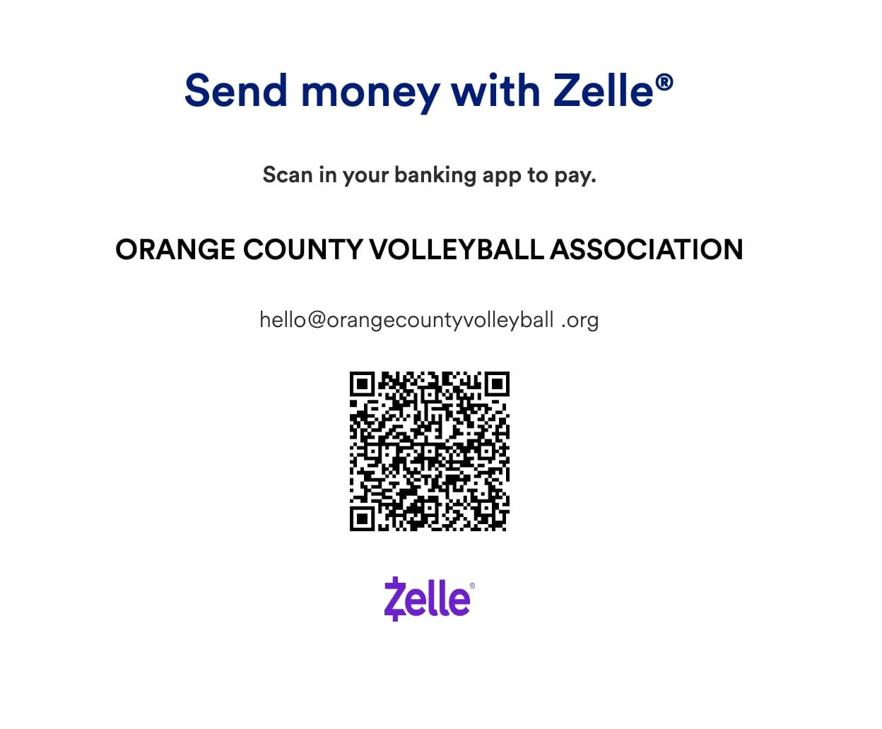 Zelle QR code for Riverside Volleyball Association - scan in your banking app to donate